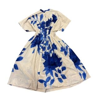 Natori Blue Floral Cotton Blend Button Front Midi Dress White Blue Size XS